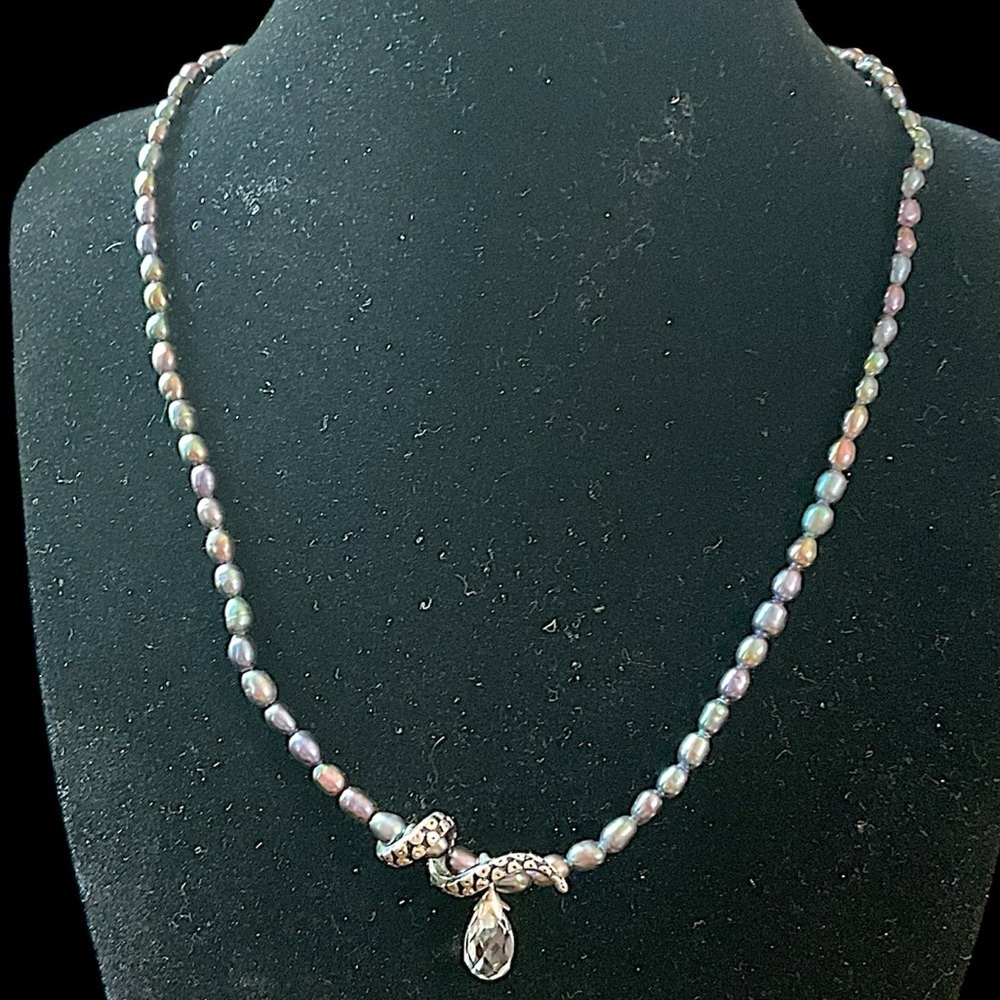 Sterling Silver Octopus Crystal Charm Briolete Black Pearl Necklace